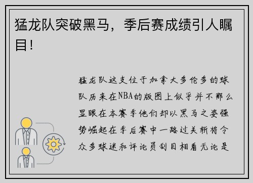 猛龙队突破黑马，季后赛成绩引人瞩目！